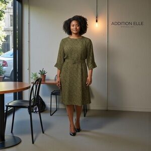 NEW, Addition Elle, Floral Print Belted Dress, 14W Plus Size, Green & Black